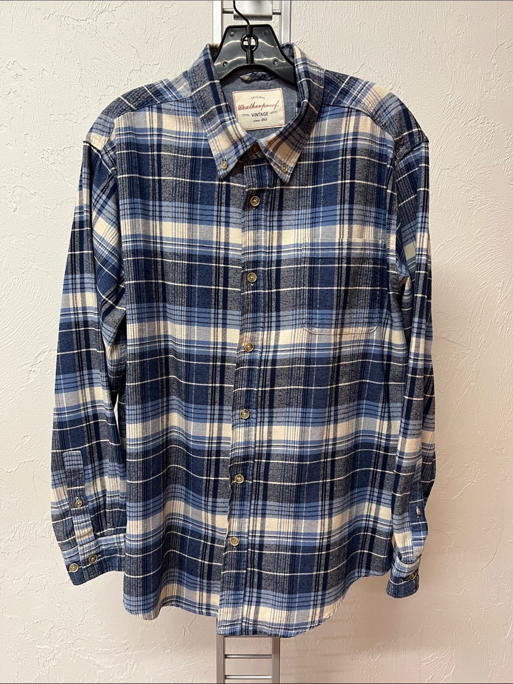 Weatherproof Vintage Men's Blue White Plaid Button-Down Flannel Shirt Size Large